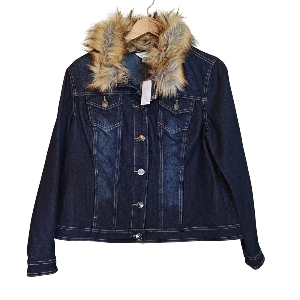 Christopher & Banks Denim Jacket Womens M Dark Wash‎ Detachable Faux Fur Collar